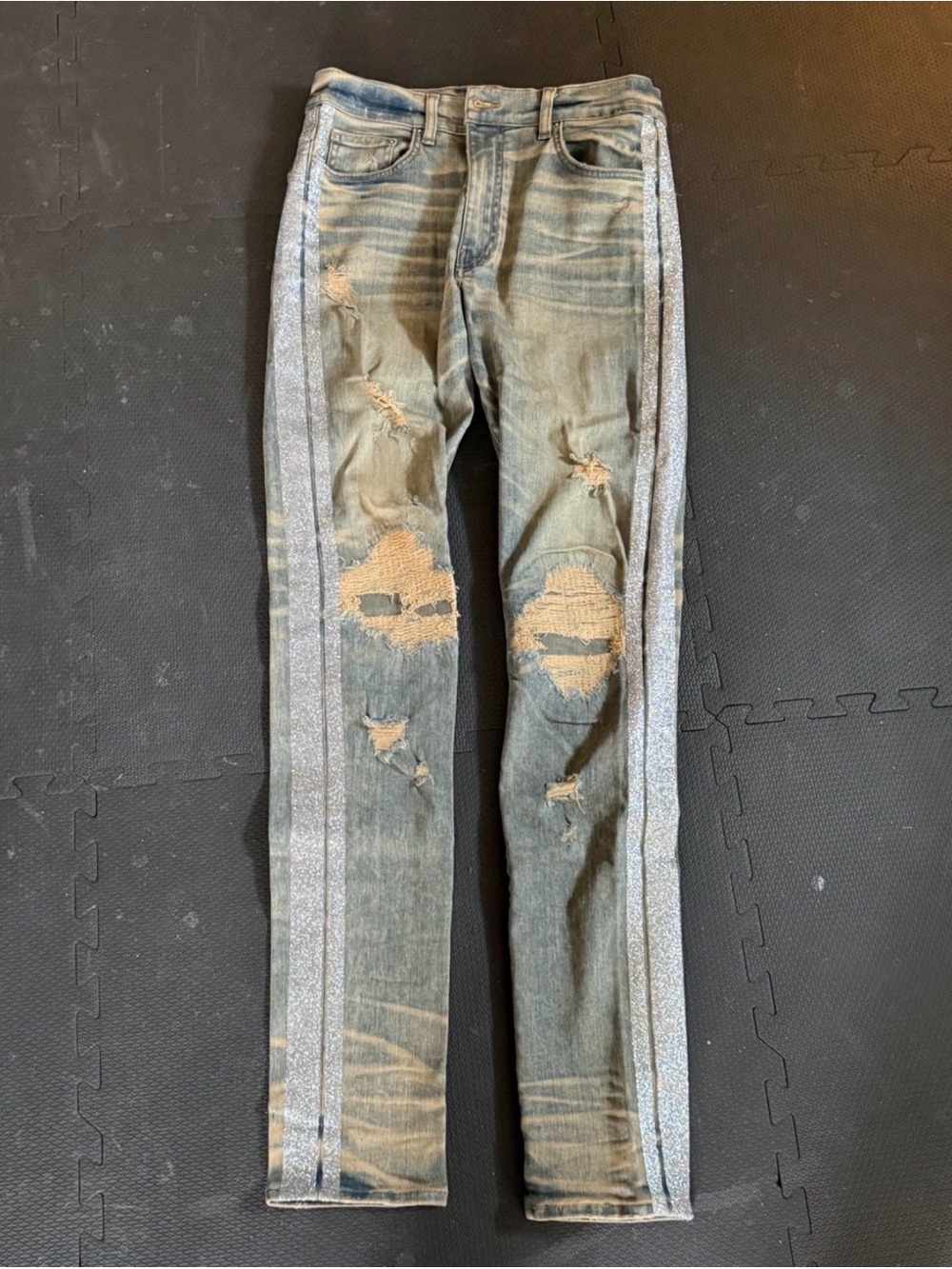 AMIRI Light Blue Distressed Skinny Jeans with Silver Glitter Side Stripes